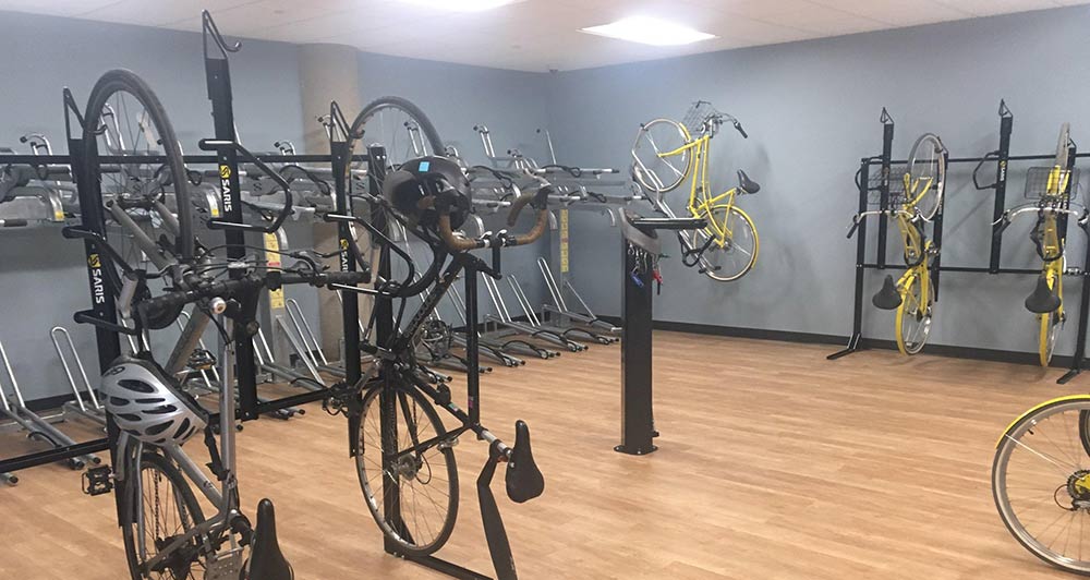 Bike room with various racks