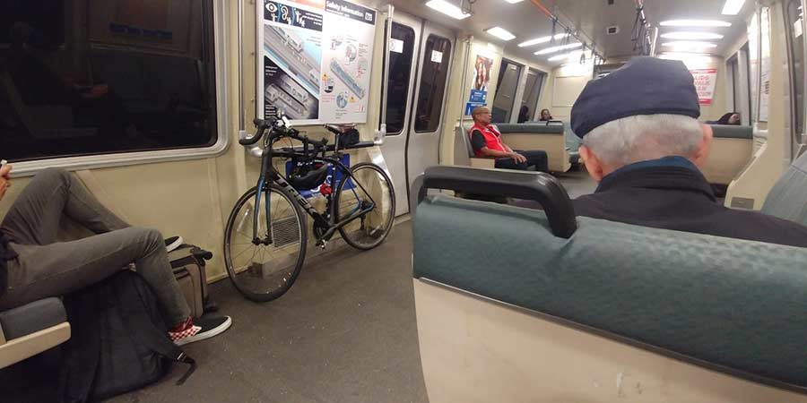 A designated bike space on a BART train