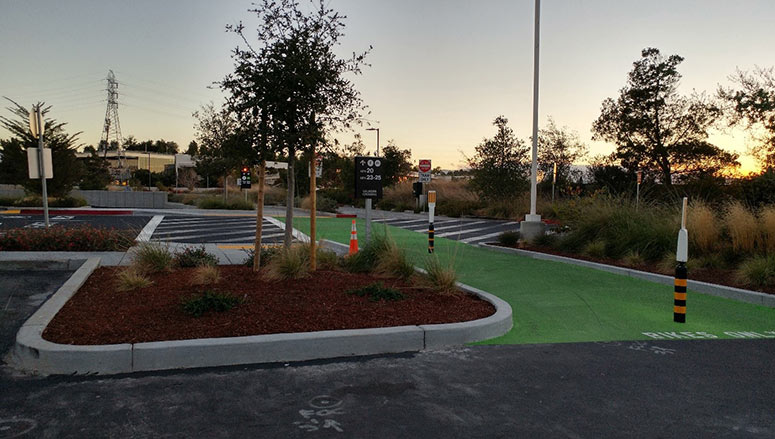 Well-marked bike lanes on Facebook's new campus compliment their support for increased bike infrastructure across Silicon Valley