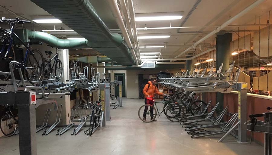 Bike parking inside the YMCA Bike Hub